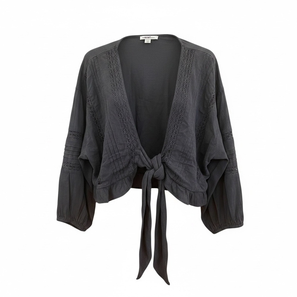 American Eagle Lace Tie Front Cropped Blouse Black Gauze Boho Whimsagoth Lg
